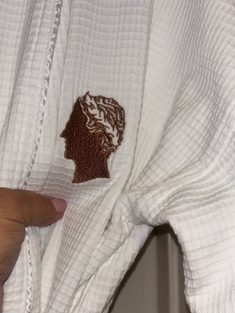 White Waffle Knit robe with Brown Profile Embroidery “fine robes” one size